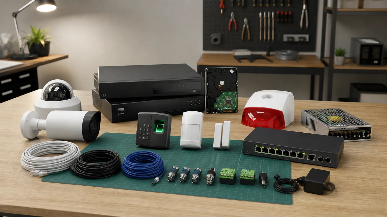 Equipamentos de segurança eletrônica com câmeras, gravador, alarme, controle de acesso, cabos e acessórios